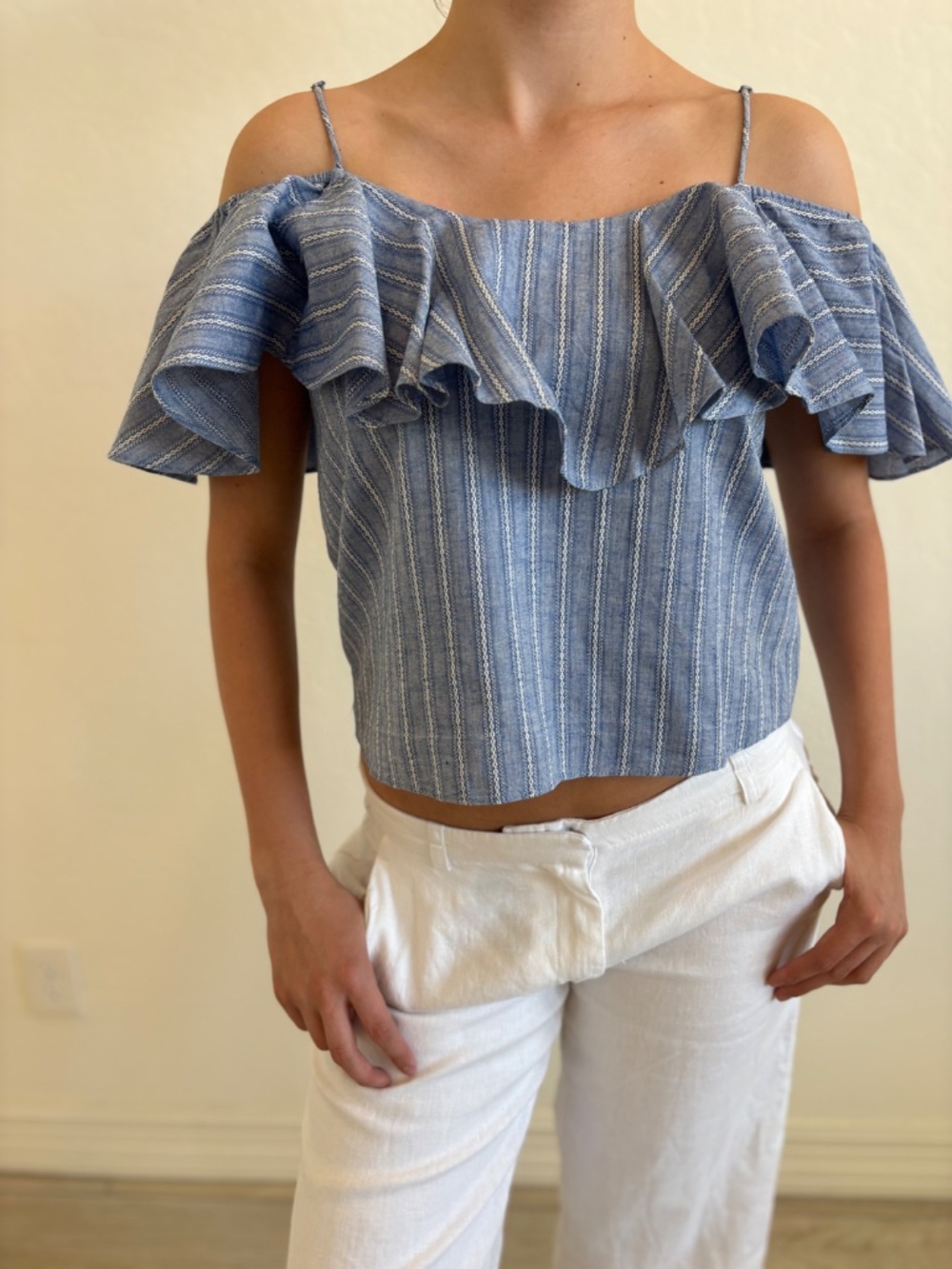 MISA Los Angeles Marina Cold Shoulder Ruffle Blouse - Blue/White Stripe , Small